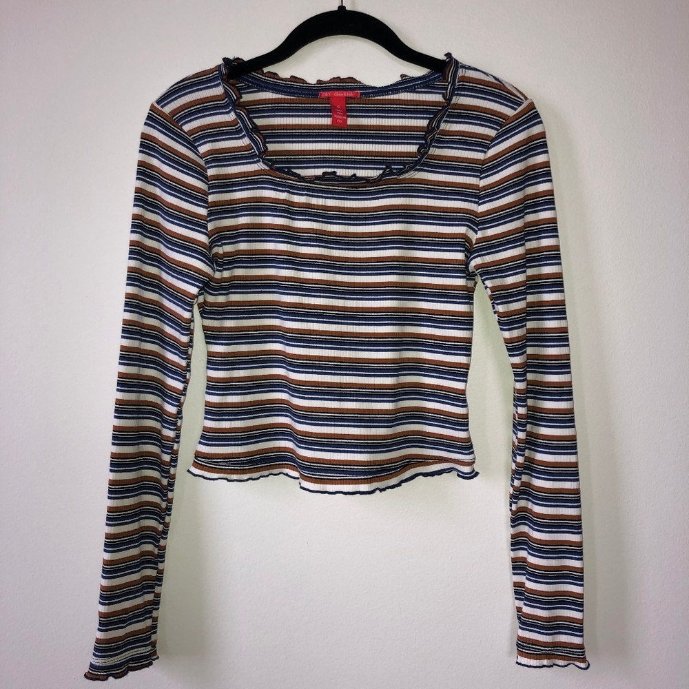 Long Sleeve White Blue & Brown Striped Top